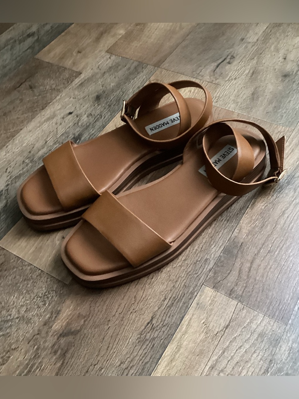 Steve Madden Tan Leather Ankle-Strap Platform Sandals